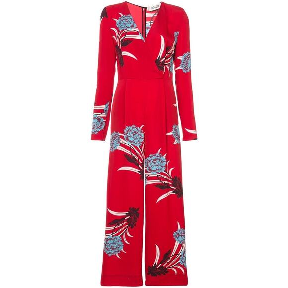 Diane Von Furstenberg Red Floral Print Crossover Farren Jumpsuit Size Medium - Picture 2 of 9